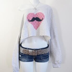 2010s mustache heart polka dot graphic cropped sweatshirt off shoulder size L
